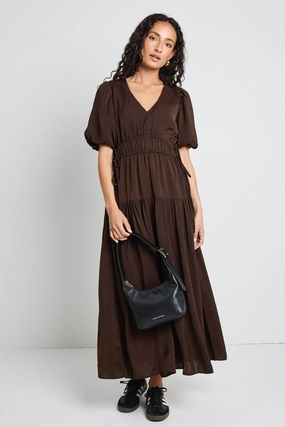 Bare Glow Aphrodite Espresso Hammered Satin SS V Neck Midi Dress