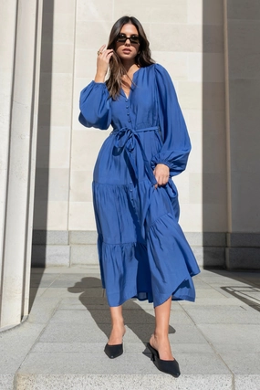 Breathable Style Cozy Drape Applause Ocean Blue Balloon Sleeve Button Front Midi Dress