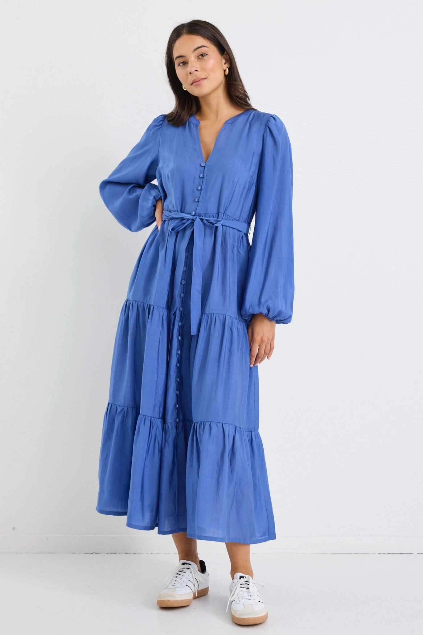 Basic Fashion Dreamy Look Applause Ocean Blue Balloon Sleeve Button Front Midi Dress