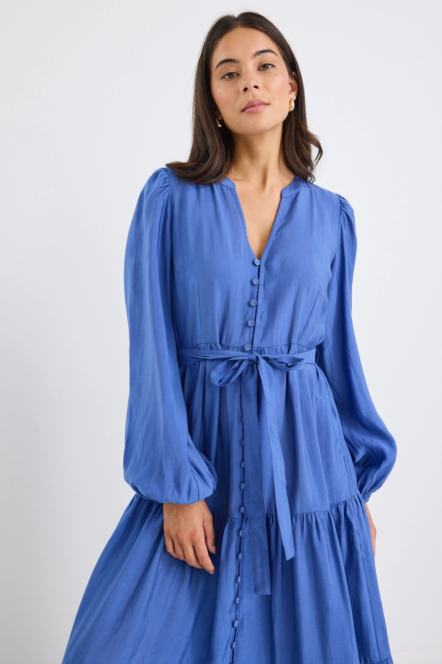 Travel-Essential Applause Ocean Blue Balloon Sleeve Button Front Midi Dress