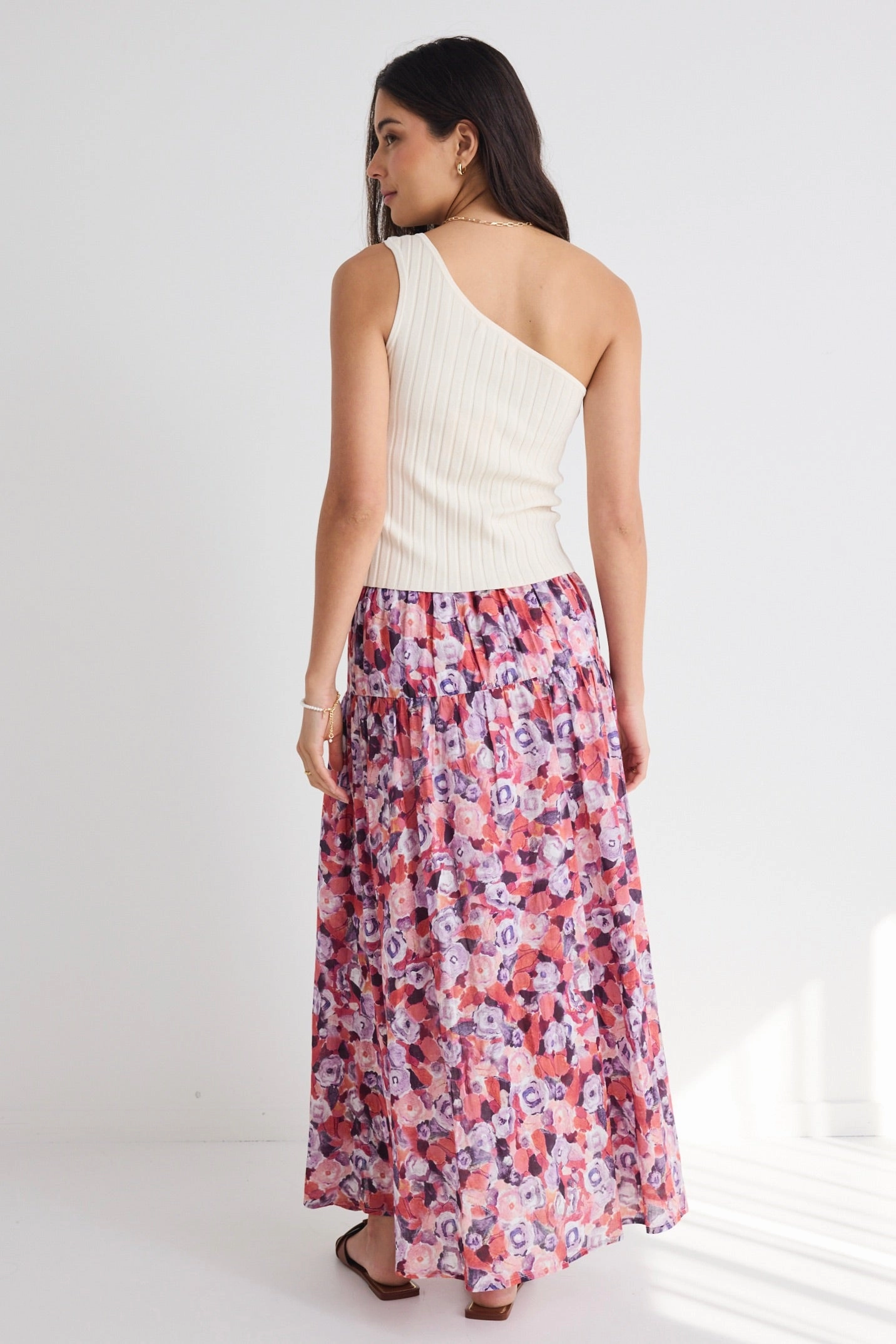 Laidback Mood Asymmetrical Cut Aquarius Lilac Meadows Tiered Split Front Maxi Skirt