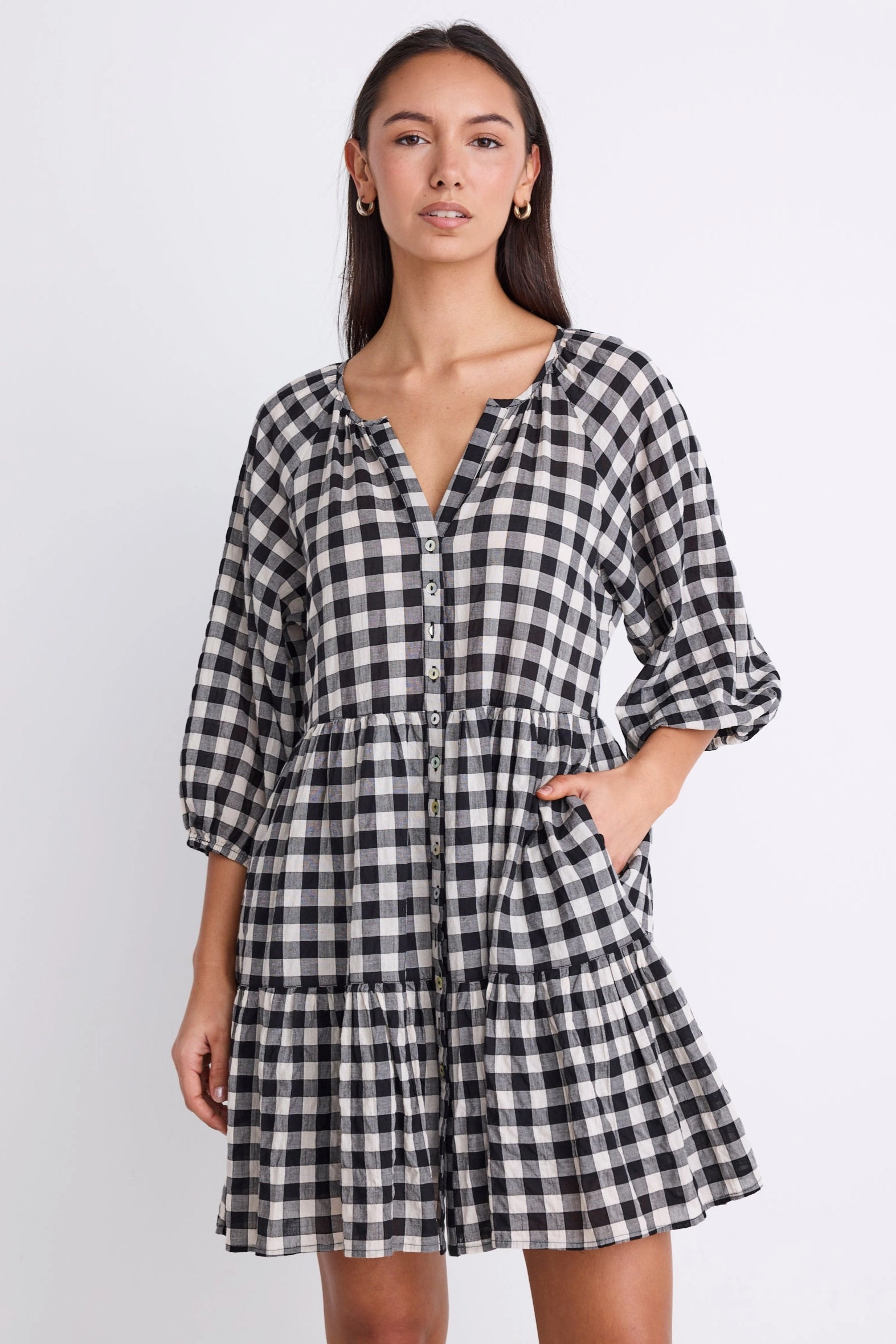 Aries Black Gingham Mid Sleeve Tiered Button Front Mini Dress Feminine Tailoring Sleeveless