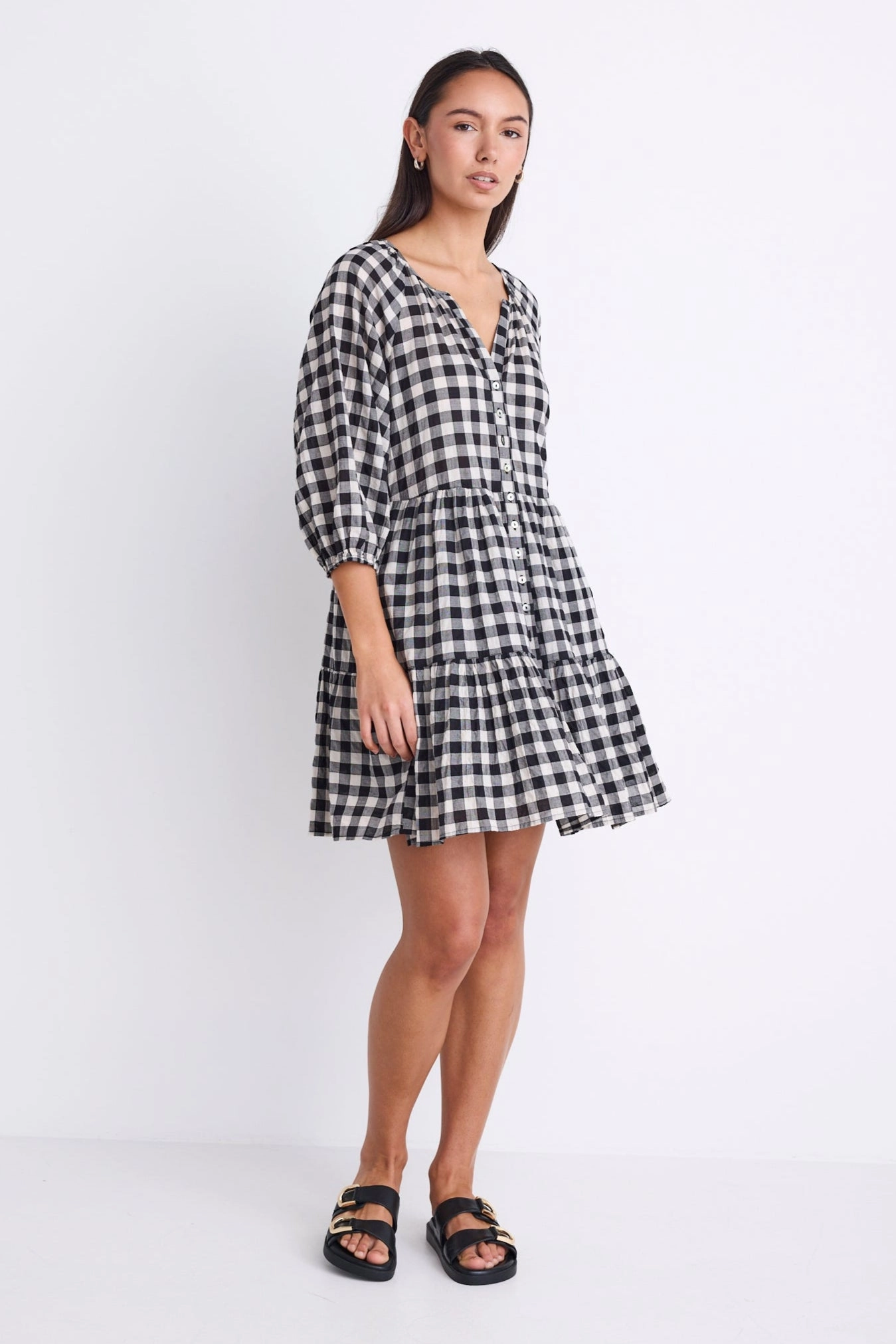Aries Black Gingham Mid Sleeve Tiered Button Front Mini Dress french chic