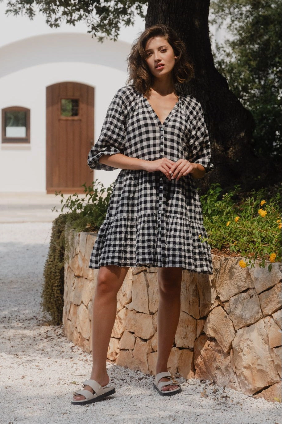 Softly Structured Aries Black Gingham Mid Sleeve Tiered Button Front Mini Dress