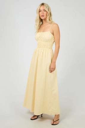 Garden Scene Alessa Yellow Ruched Bodice Strappy Linen Maxi Dress