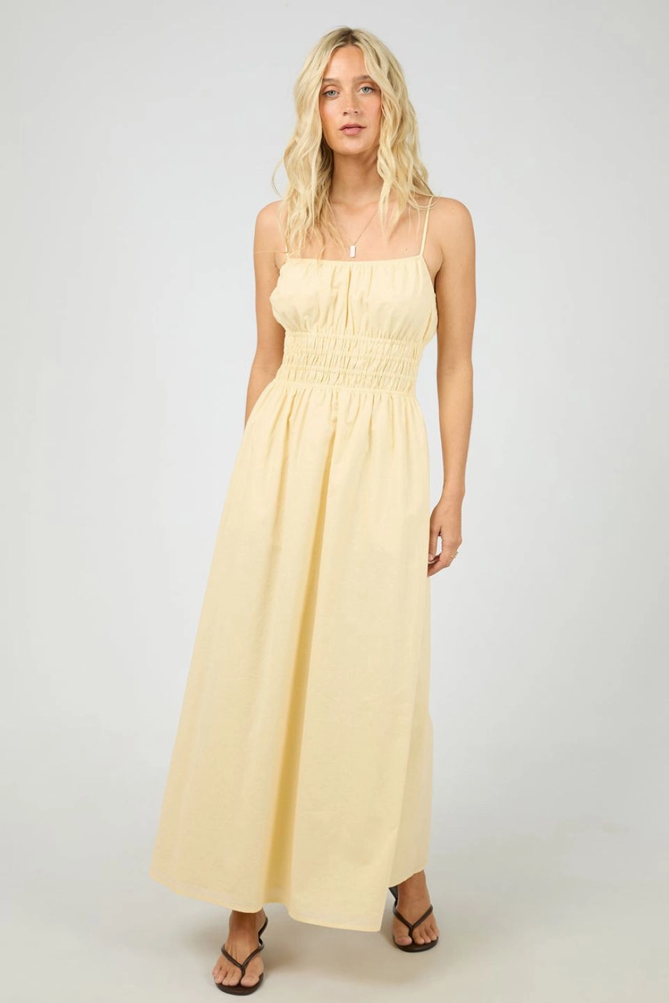 Street Vibe Alessa Yellow Ruched Bodice Strappy Linen Maxi Dress