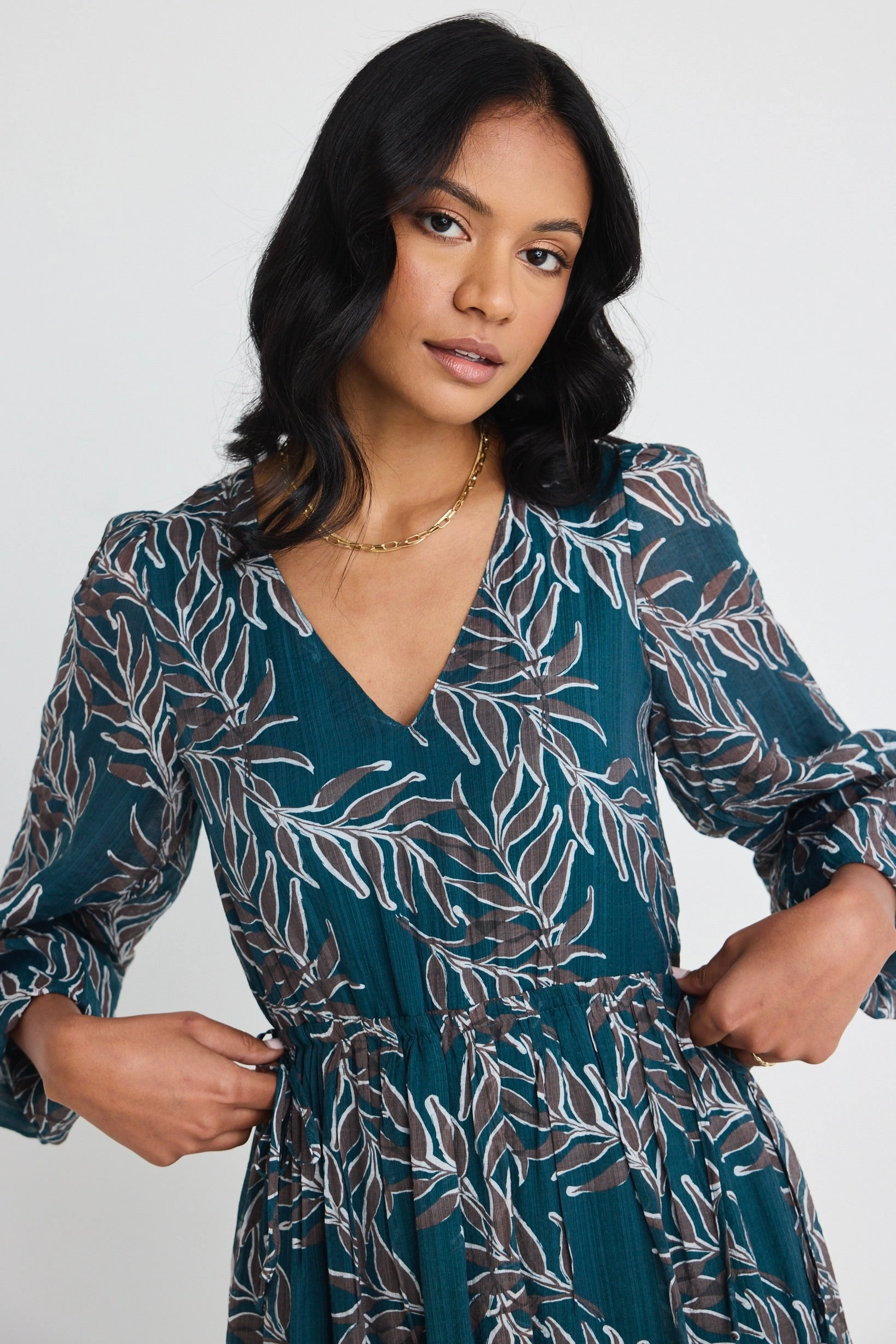 Sophisticated Fit Aroha Forest Leaves LS V Neck Tiered Tie Waist Maxi Dress