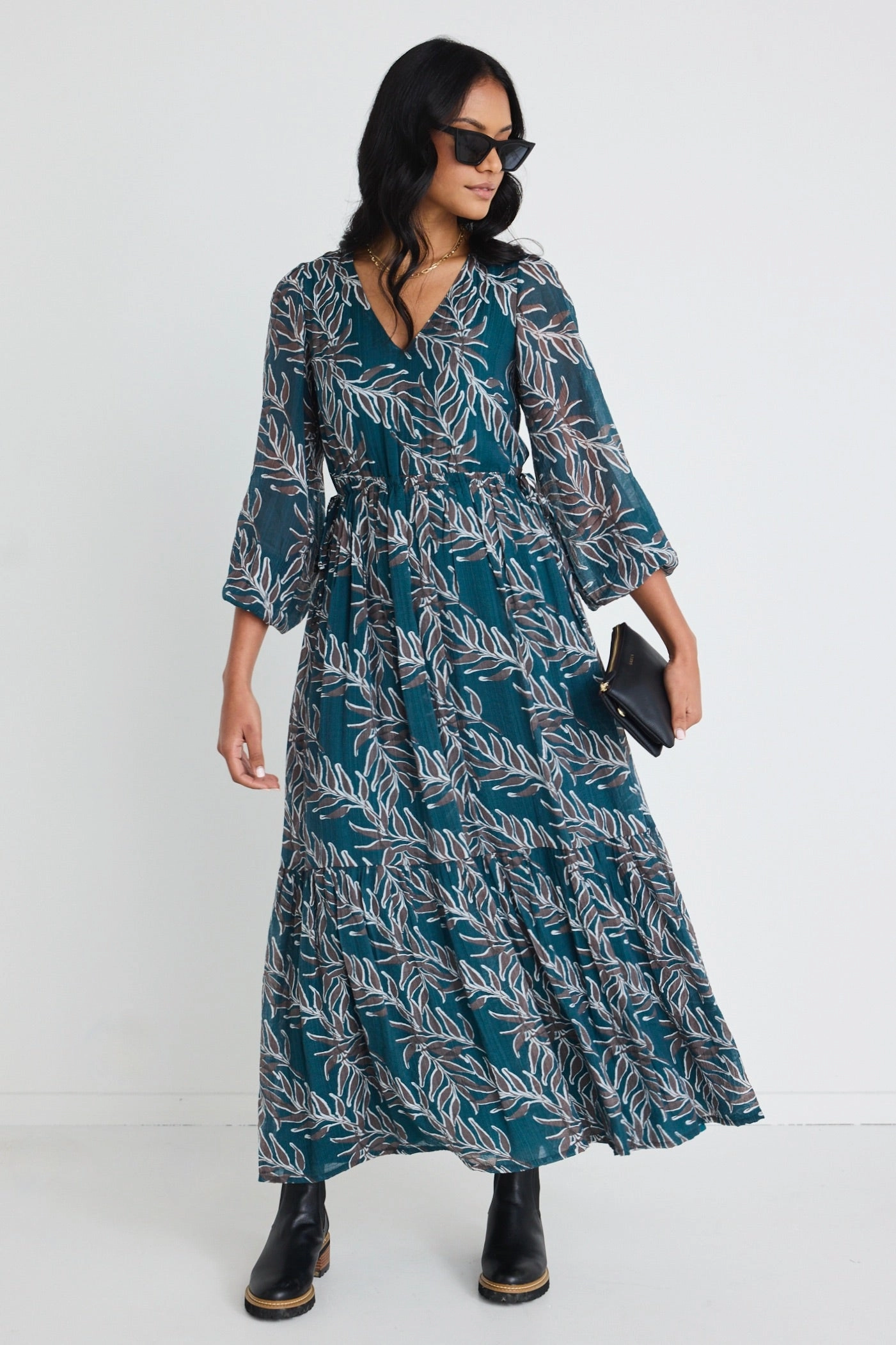 Polished Layer Chic Everyday Wear Aroha Forest Leaves LS V Neck Tiered Tie Waist Maxi Dress