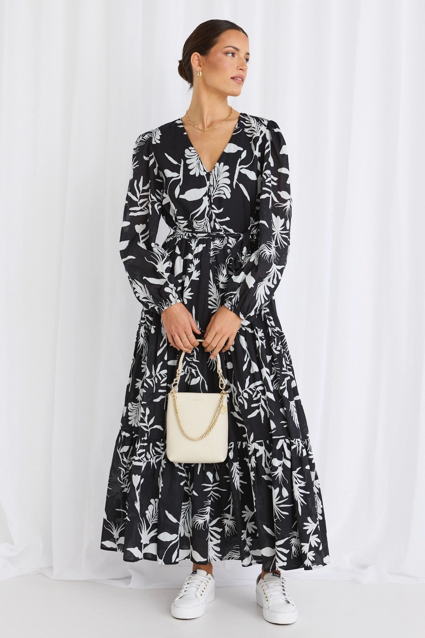 Aria Black & White LS V Neck Tiered Maxi Dress Skin Hug