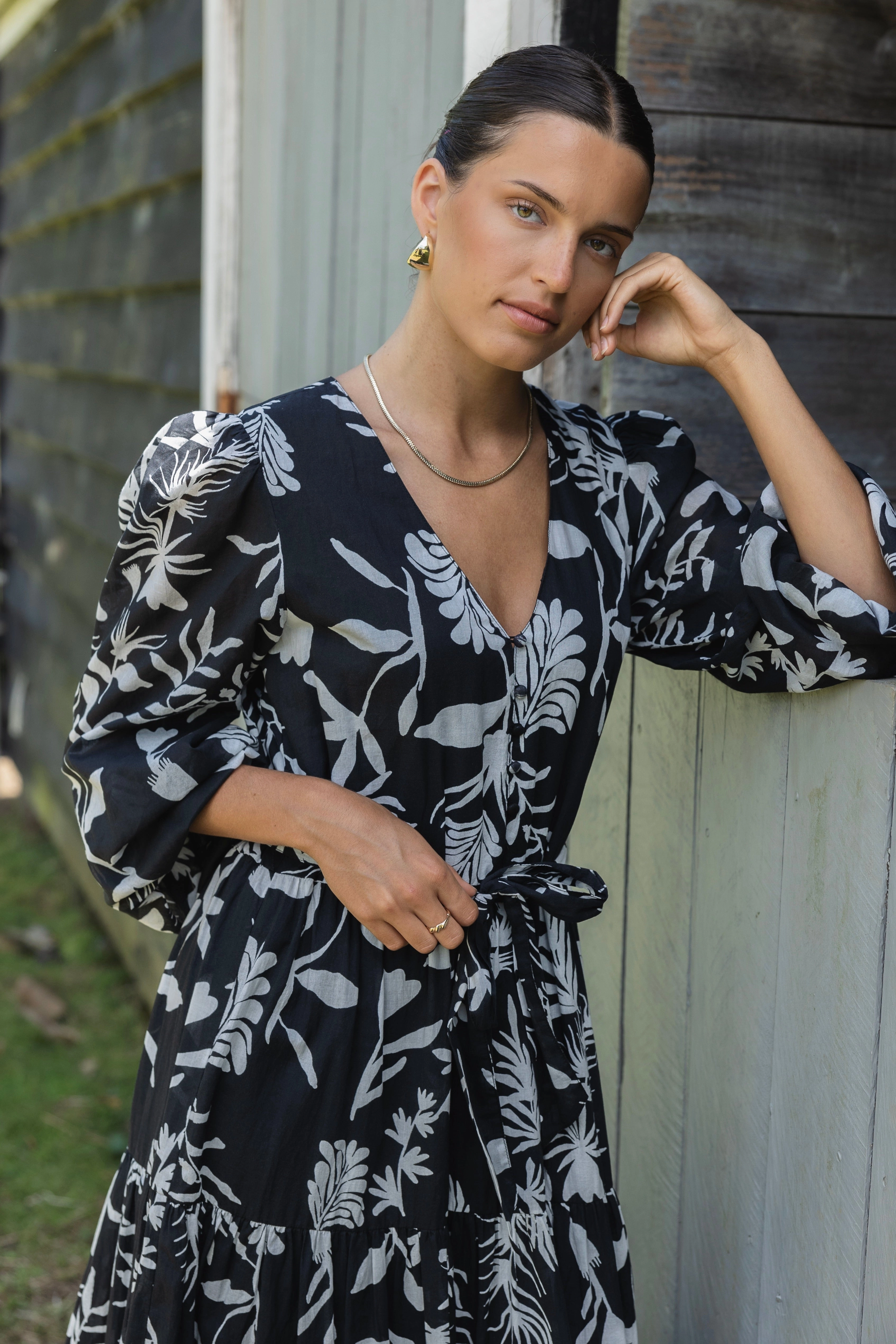 Aria Black & White LS V Neck Tiered Maxi Dress Modern Silhouette Versatile dress for layering