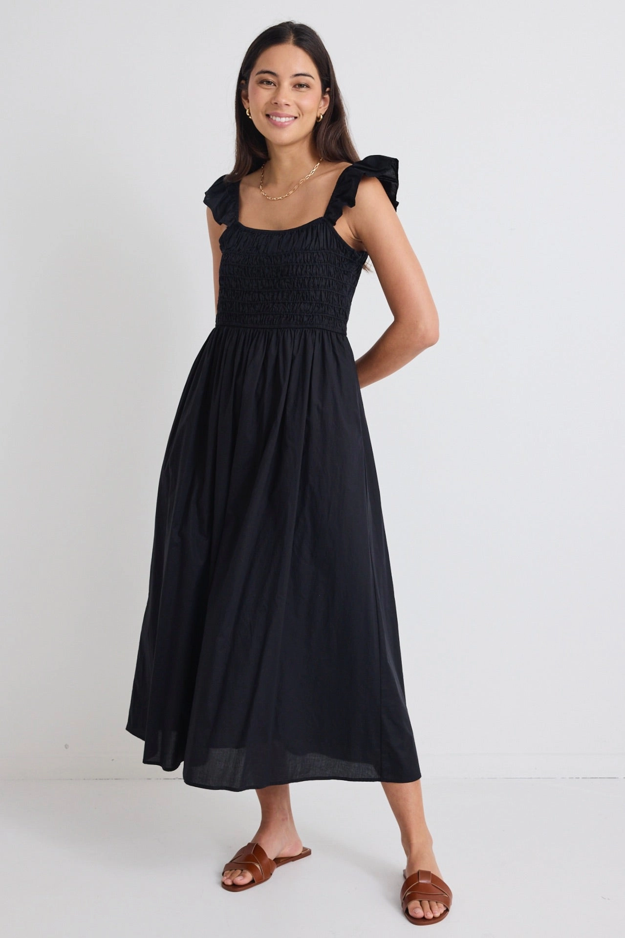 Bonbon Black Flutter Sleeve Midi Dress Vibrant Spirit Pure Aesthetic