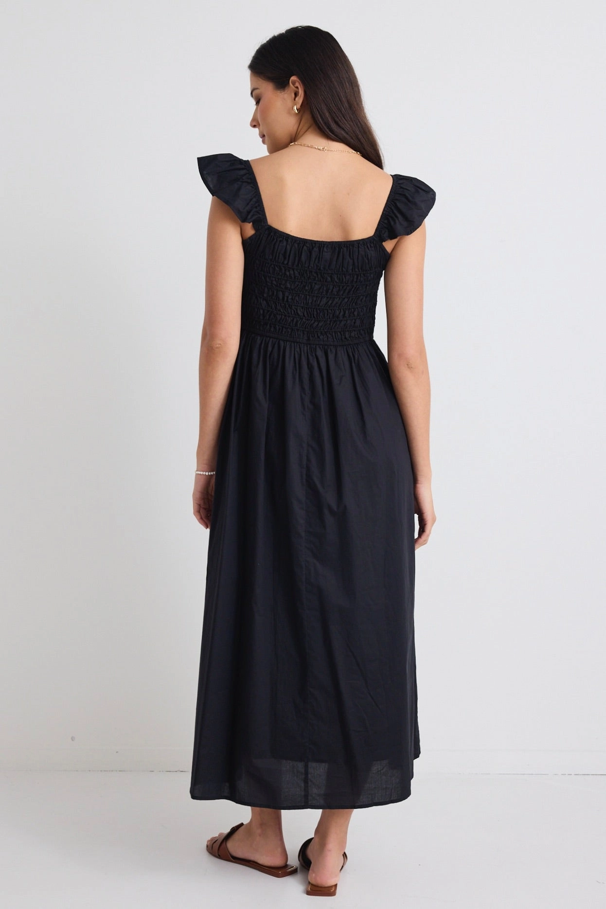 Bonbon Black Flutter Sleeve Midi Dress Lightweight Piece everyday elegance