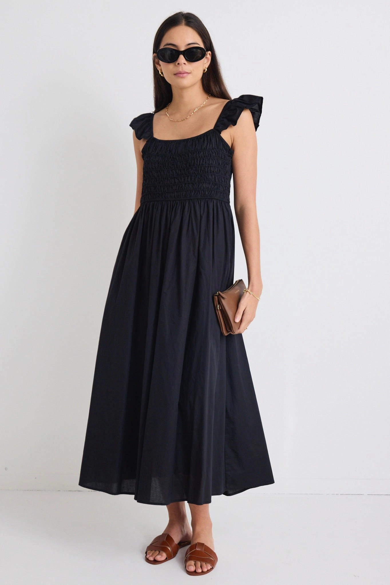 Bonbon Black Flutter Sleeve Midi Dress Versatile dress for layering