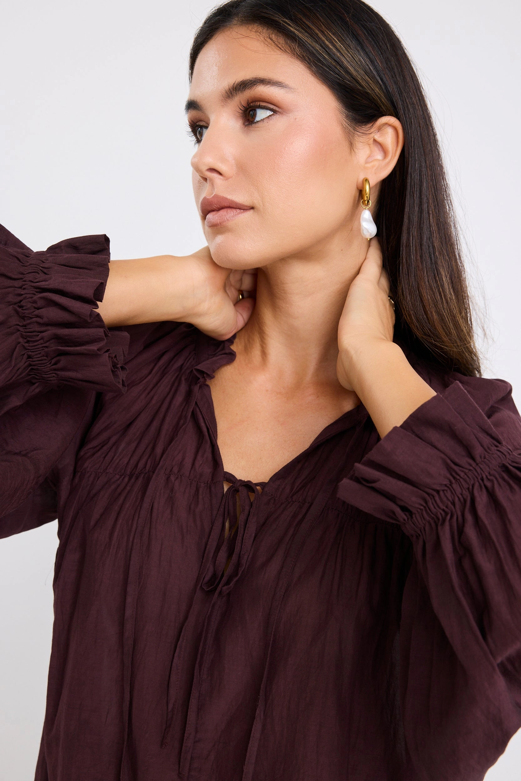 Artist Chocolate Voile LS Tie Front Relaxed Gathered Top HighDensity Weave