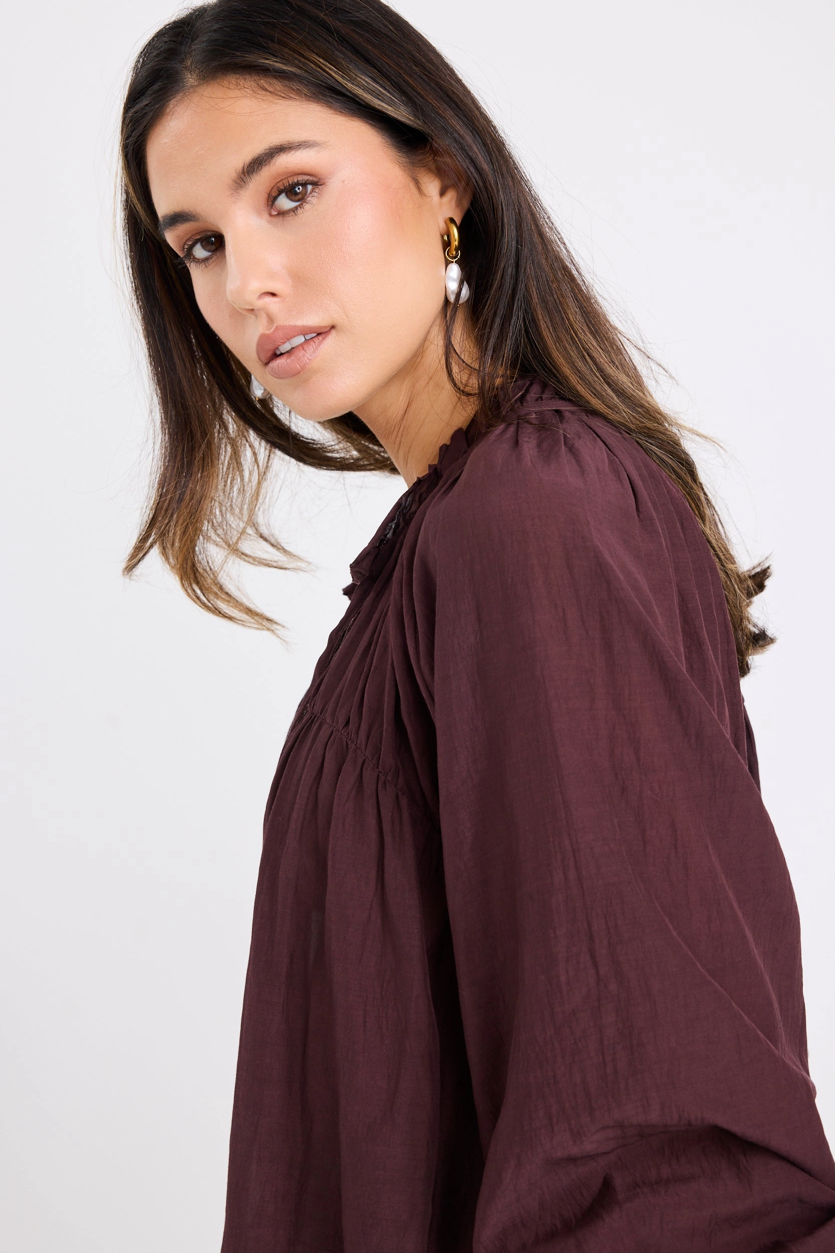 Fitted Design Artist Chocolate Voile LS Tie Front Relaxed Gathered Top