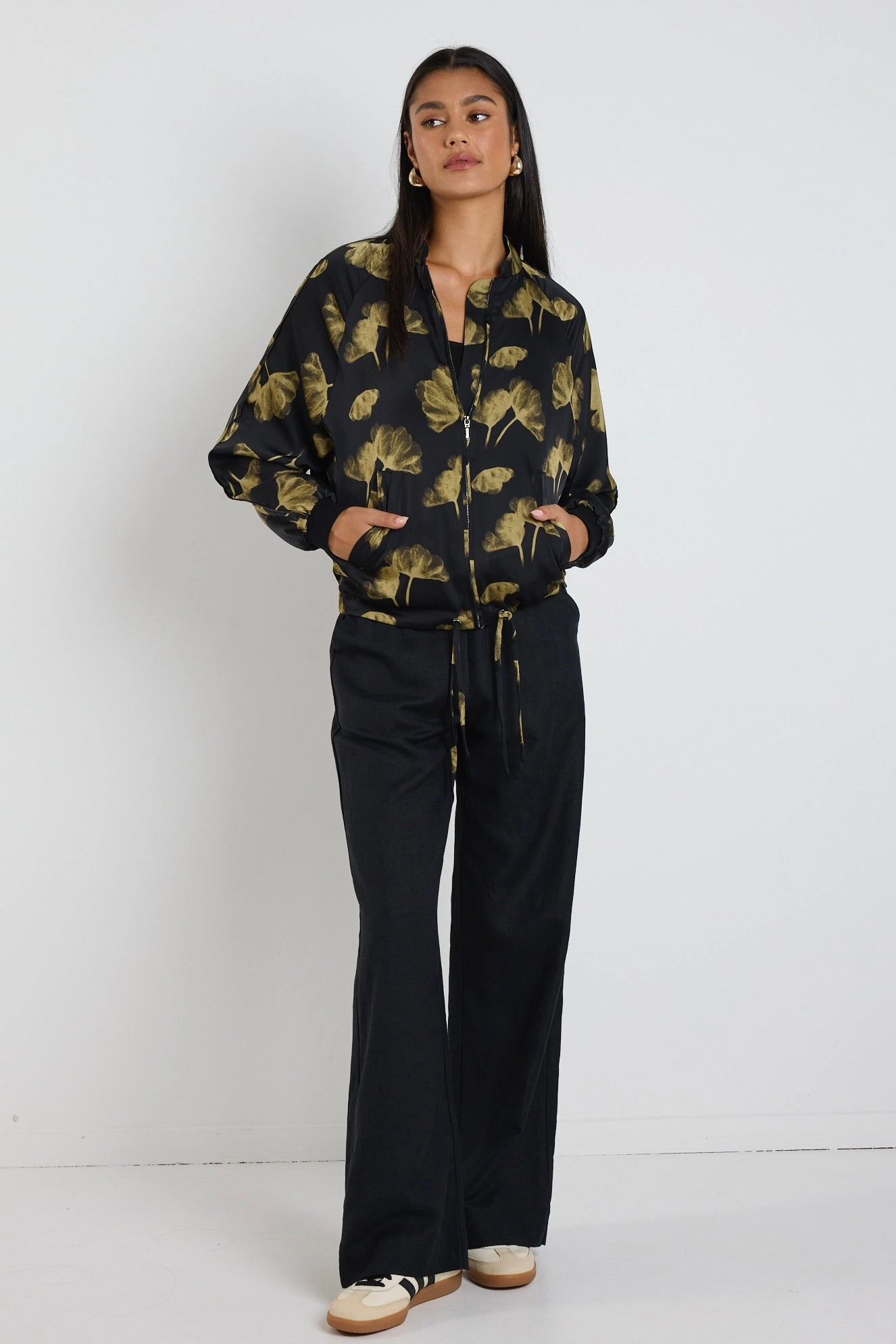 FlexibleRibbing Aspire Black Khaki Floral Satin Bomber Jacket