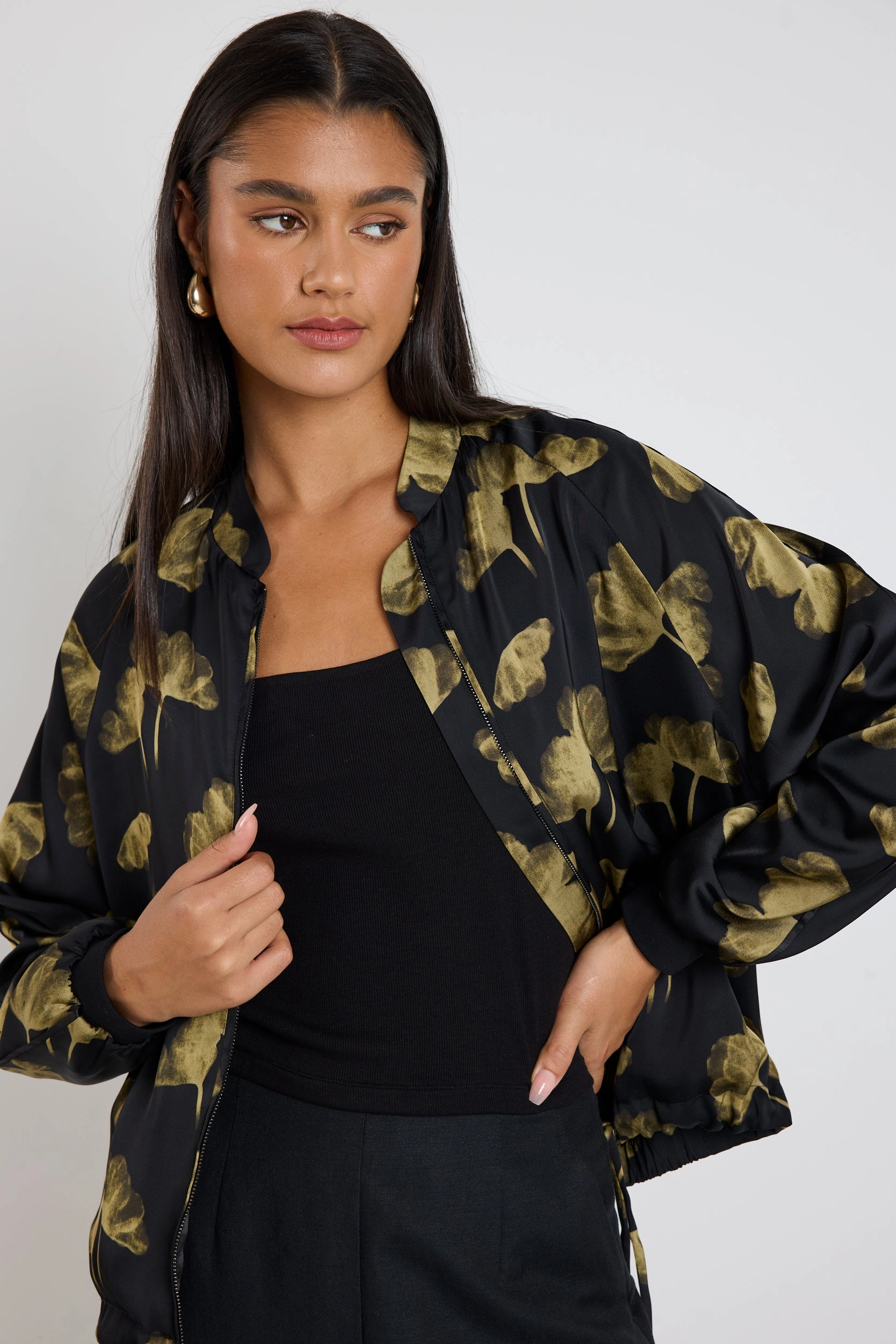 Aspire Black Khaki Floral Satin Bomber Jacket Thermal regulation