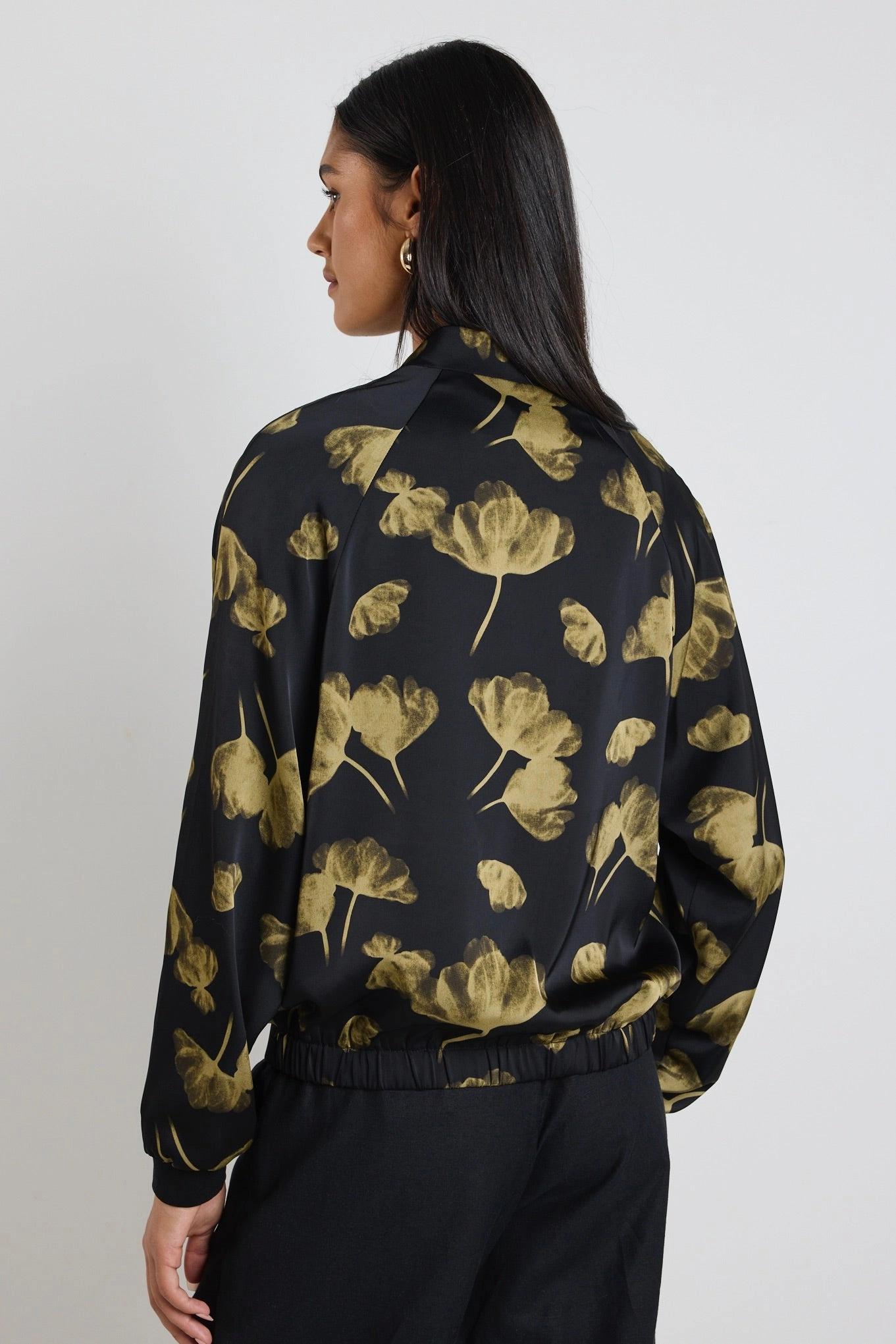 Garment Dyed Finish RelaxedFit Aspire Black Khaki Floral Satin Bomber Jacket