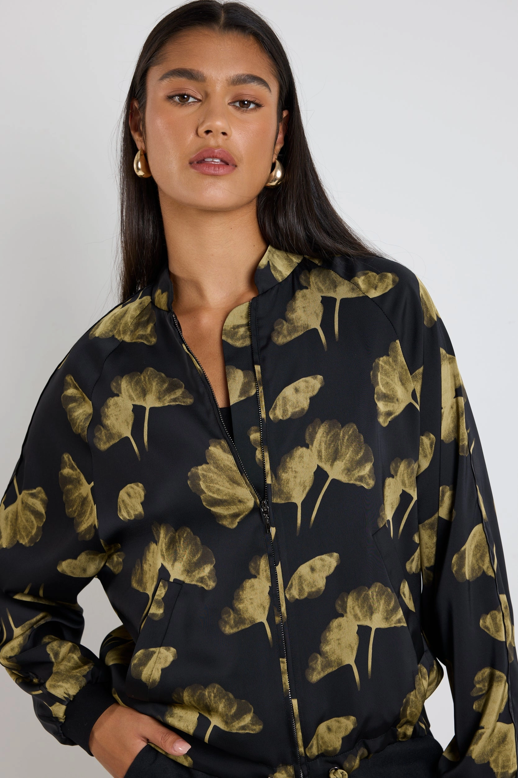 Aspire Black Khaki Floral Satin Bomber Jacket Hypoallergenic fabric