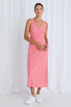 Soft Movement Smocked-Detail Astro Coral Twiggly Sleeveless Slim Fit Midi Dress