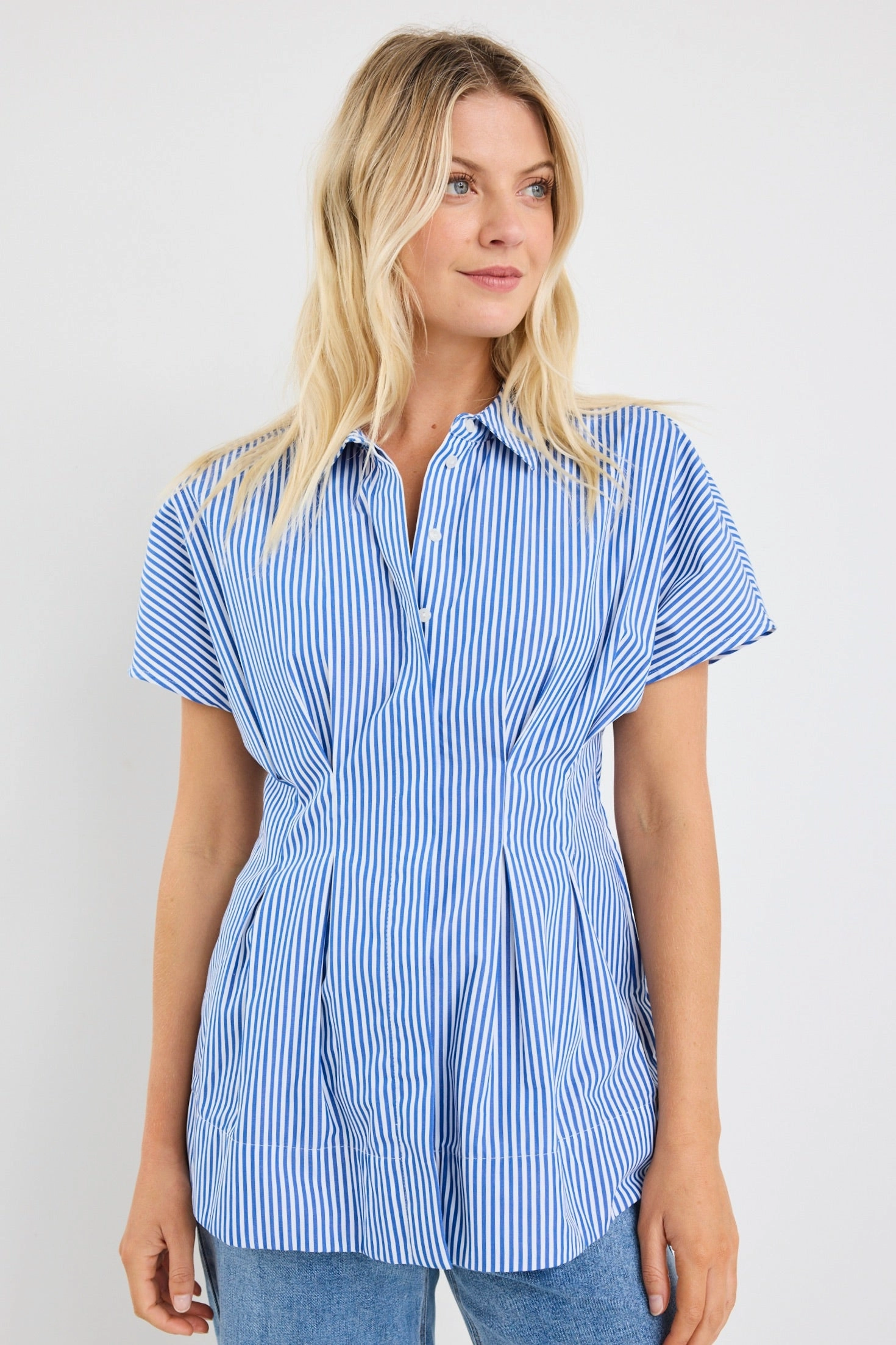Noise Reducing Fabric Treatment Astute Bright Blue Stripe Short Sleeve Corset Detail Top
