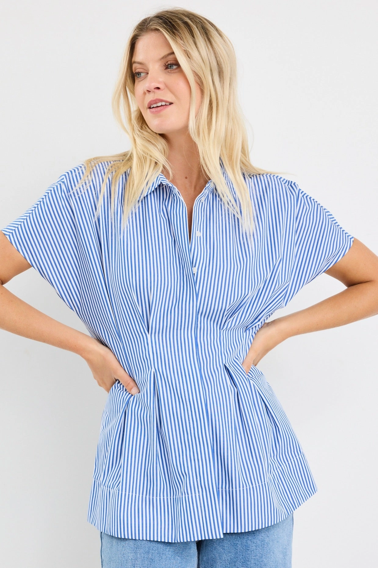 UltraSoftLining Distressed Texture Astute Bright Blue Stripe Short Sleeve Corset Detail Top