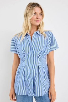 Noise Reducing Fabric Treatment Astute Bright Blue Stripe Short Sleeve Corset Detail Top