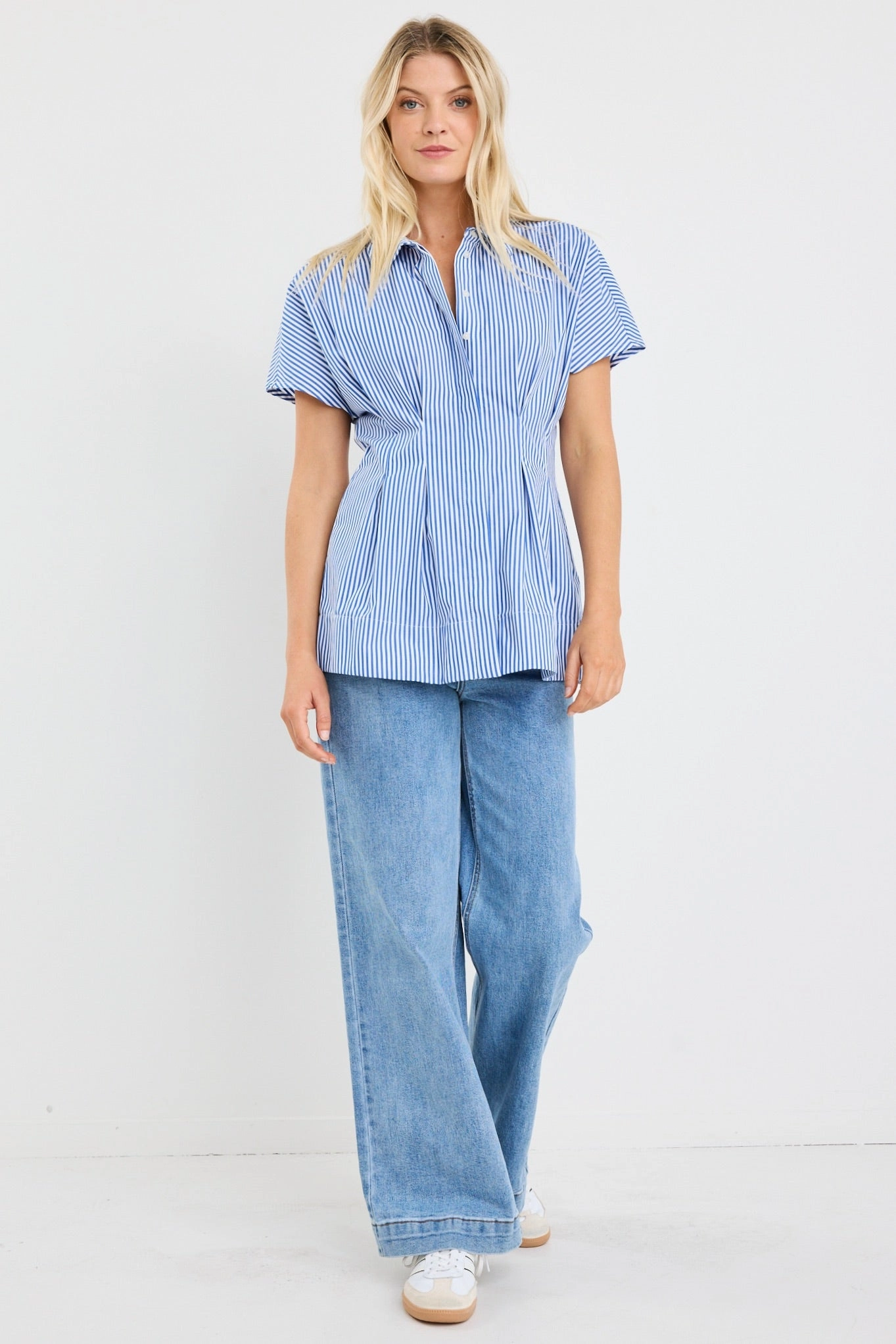 Astute Bright Blue Stripe Short Sleeve Corset Detail Top HeatSealed Seams