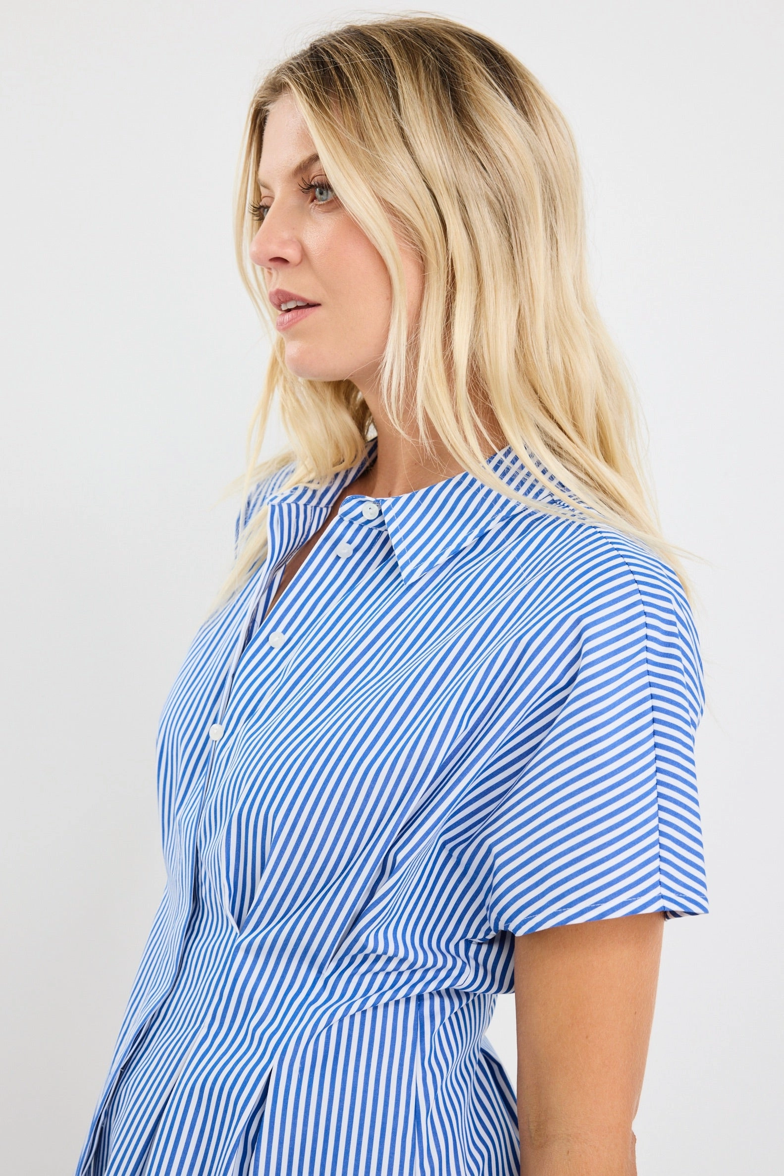 Astute Bright Blue Stripe Short Sleeve Corset Detail Top ZipperedPockets