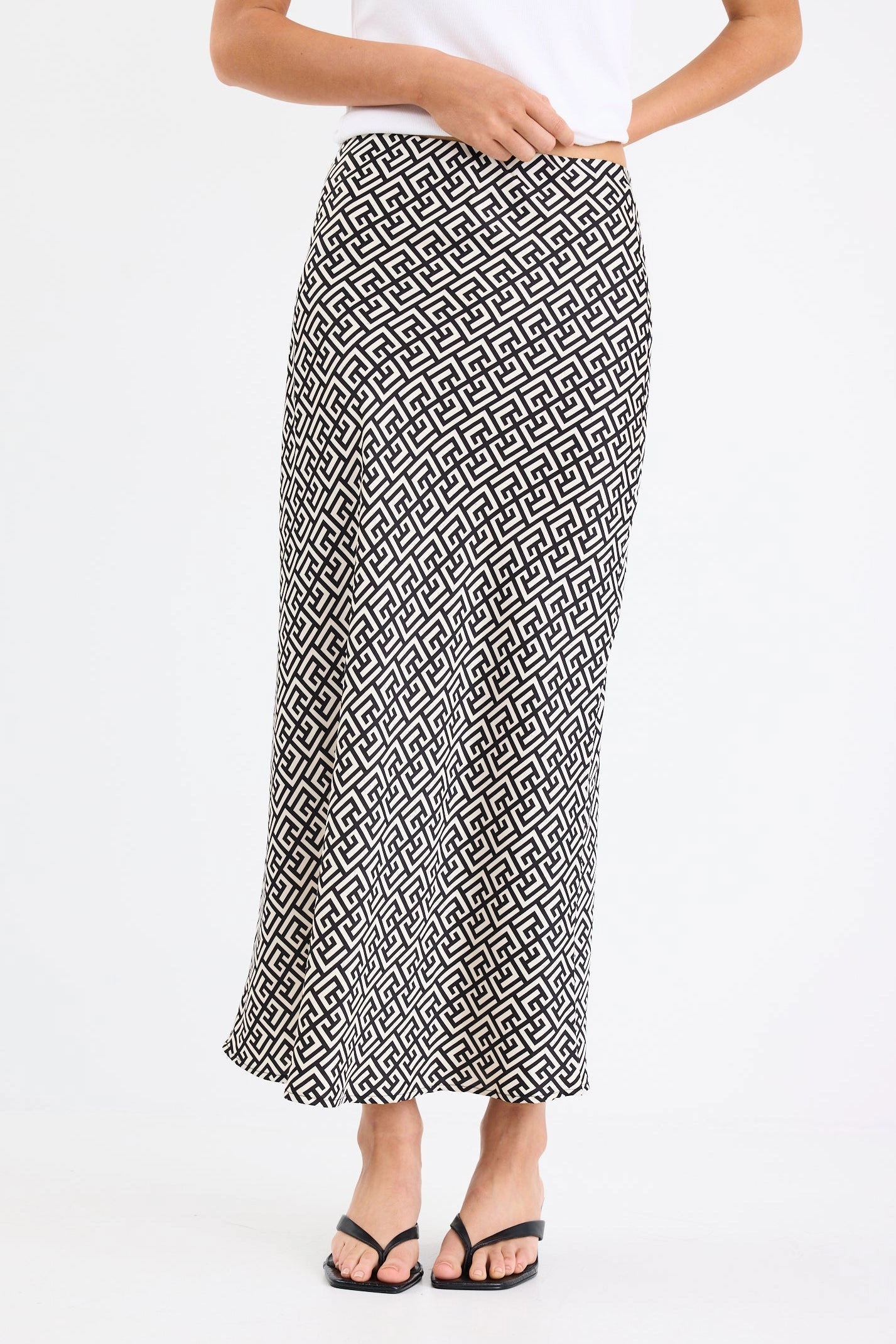 Breathable Lining Urban Fashion Cleo Geometric Satin Bias Cut Midi Skirt