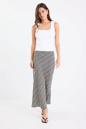 Cleo Geometric Satin Bias Cut Midi Skirt Push Button Closure