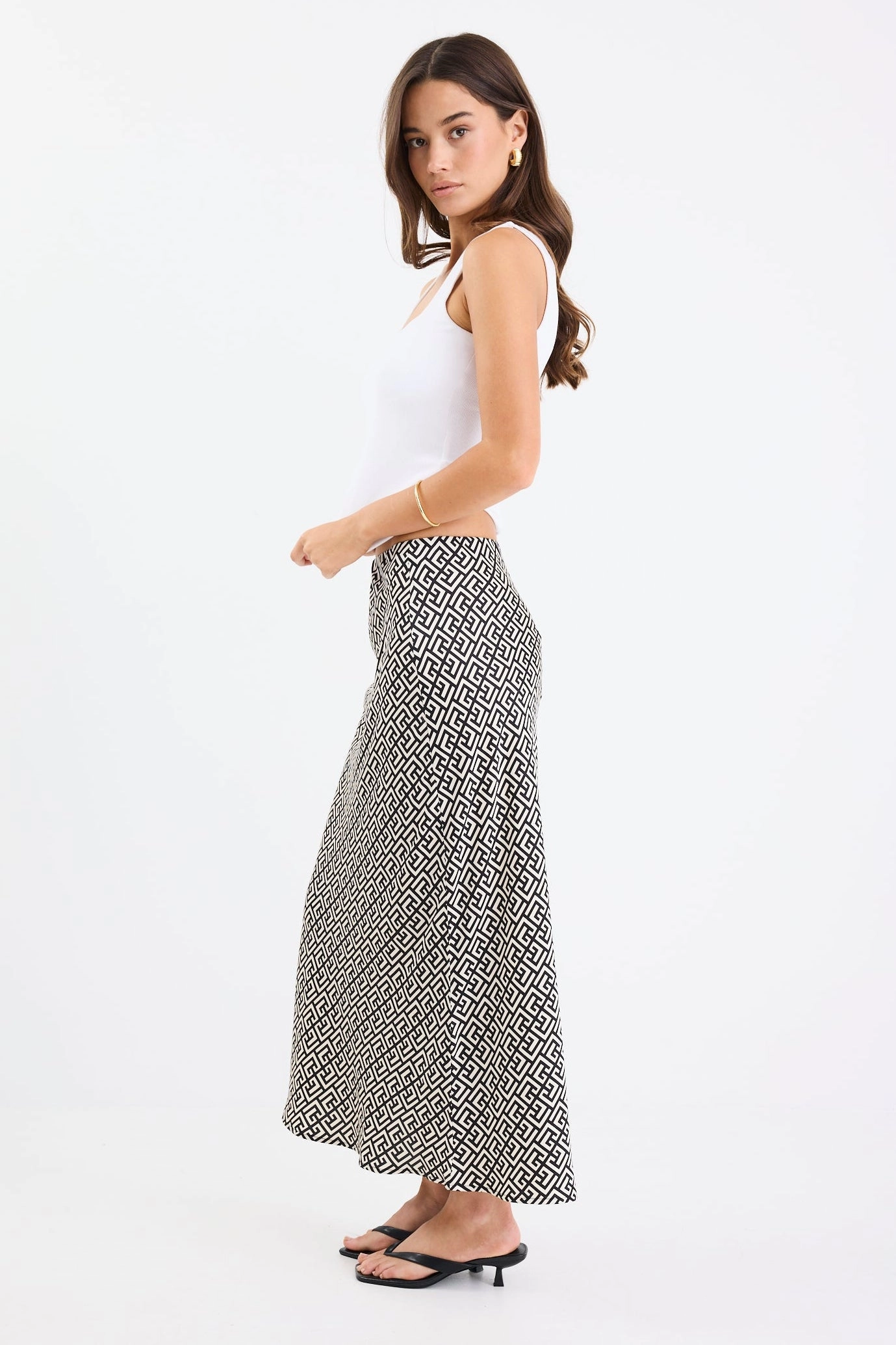 Cleo Geometric Satin Bias Cut Midi Skirt Asymmetrical Cut