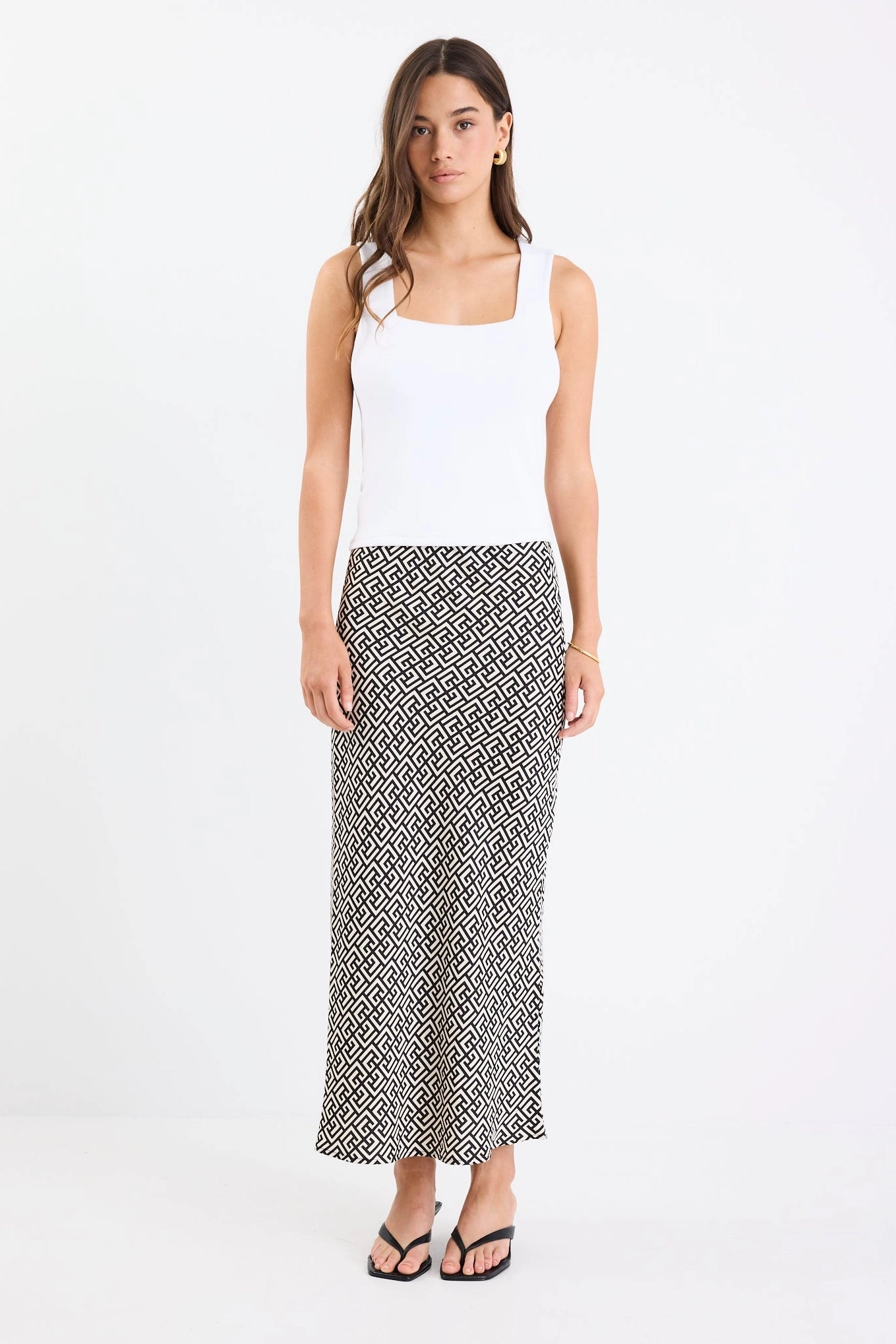 Must Have Feature Cleo Geometric Satin Bias Cut Midi Skirt