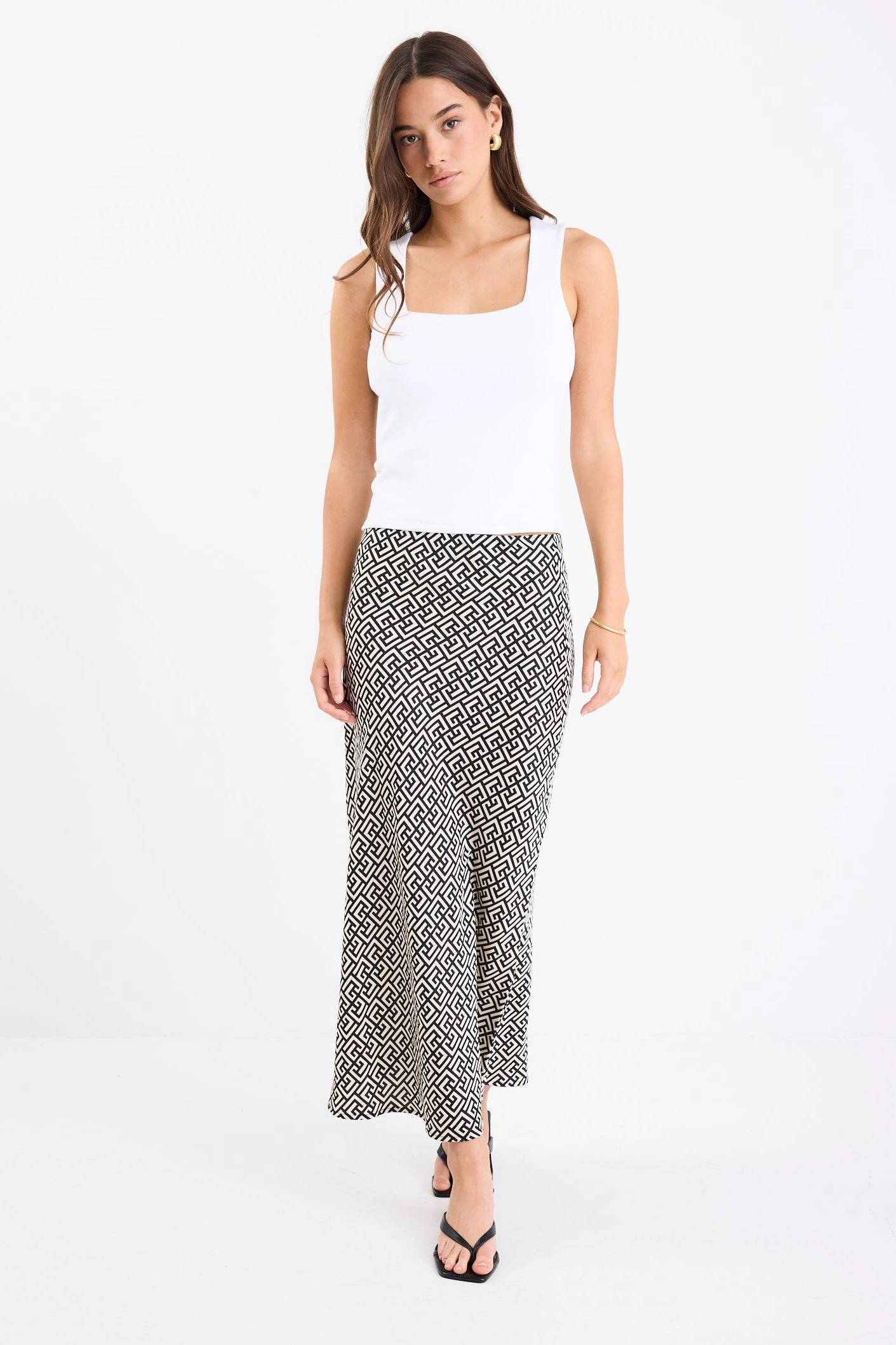 Cleo Geometric Satin Bias Cut Midi Skirt Push Button Closure