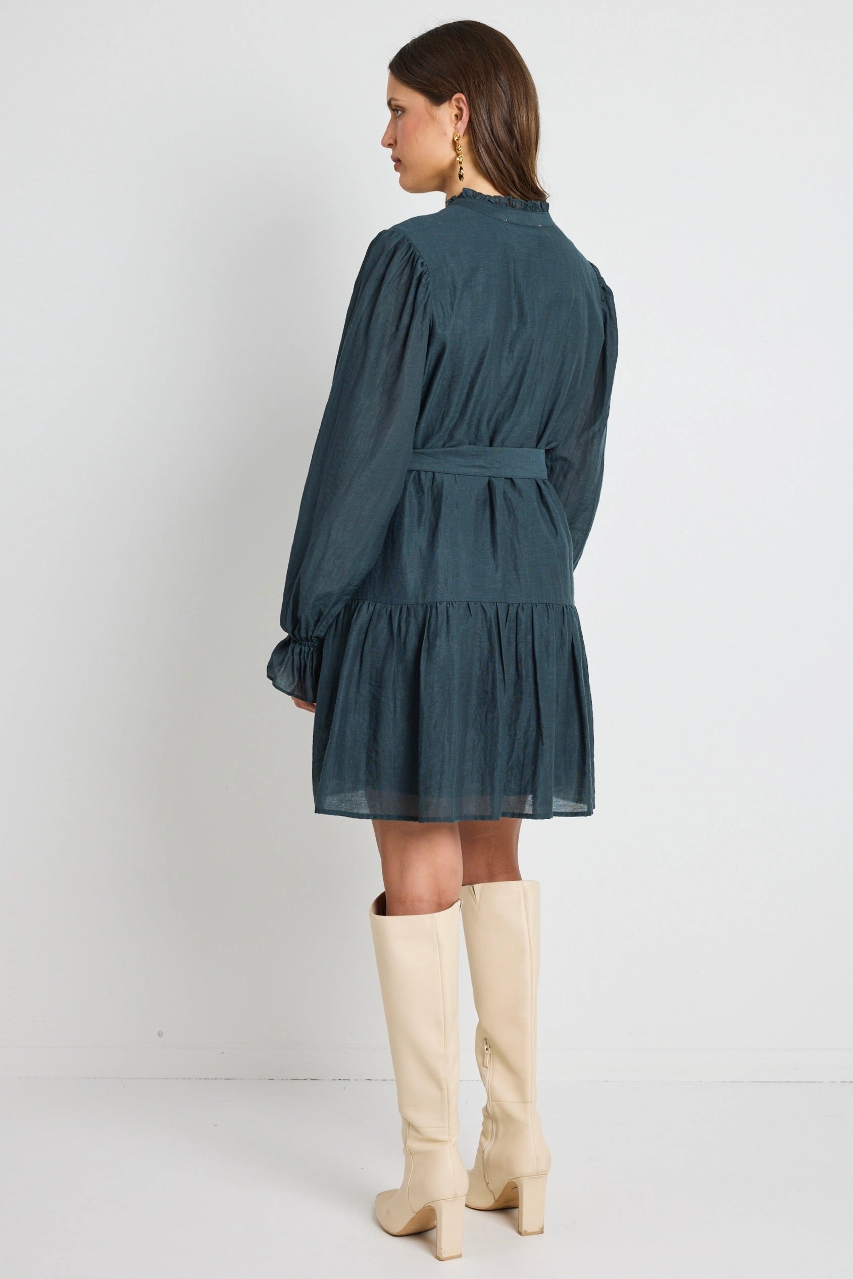 Timeless Shape Lined interior Audition Deep Forest Balloon Sleeve Drop Waist Mini Dress