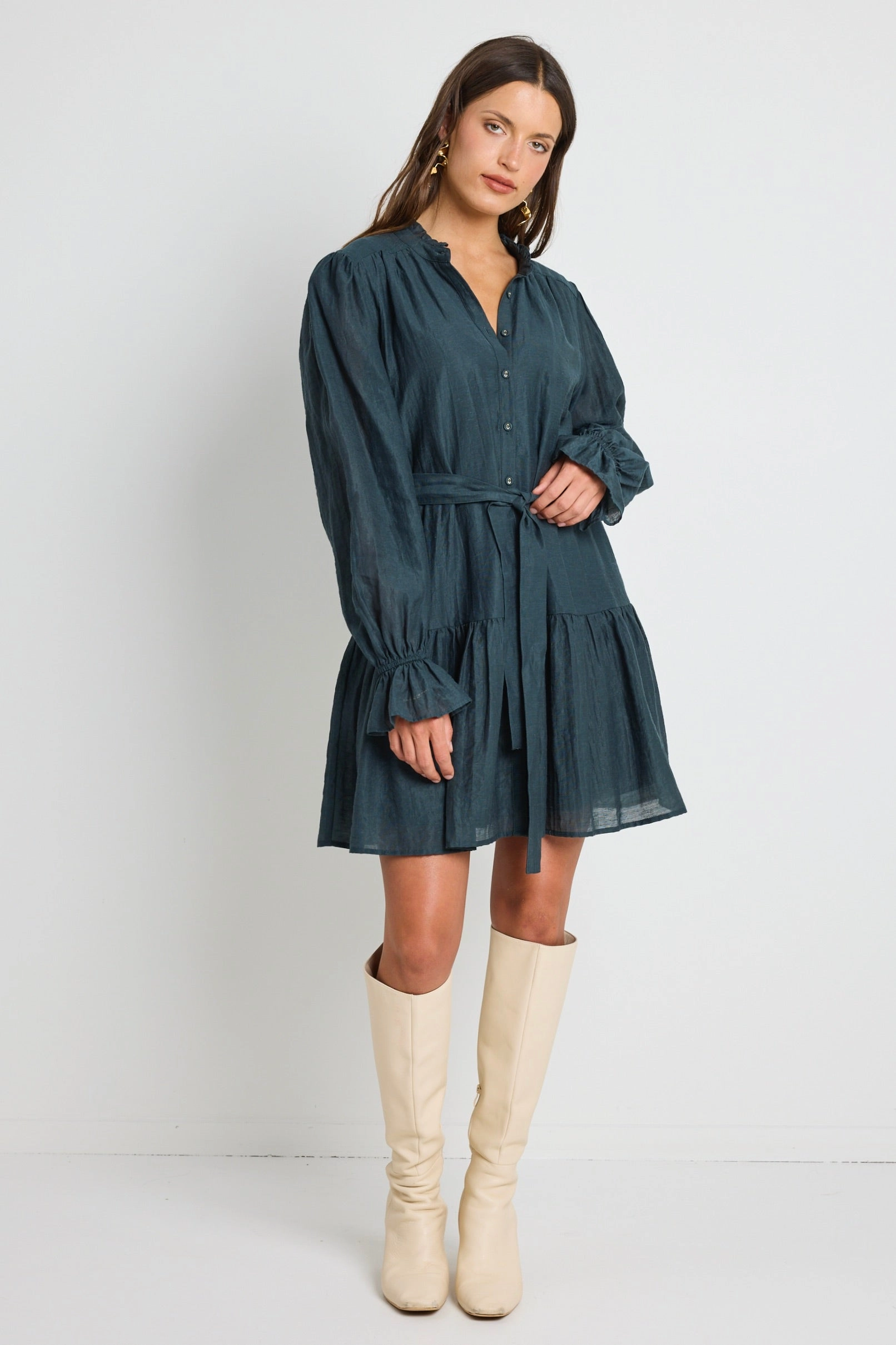 Soft Appearance Audition Deep Forest Balloon Sleeve Drop Waist Mini Dress