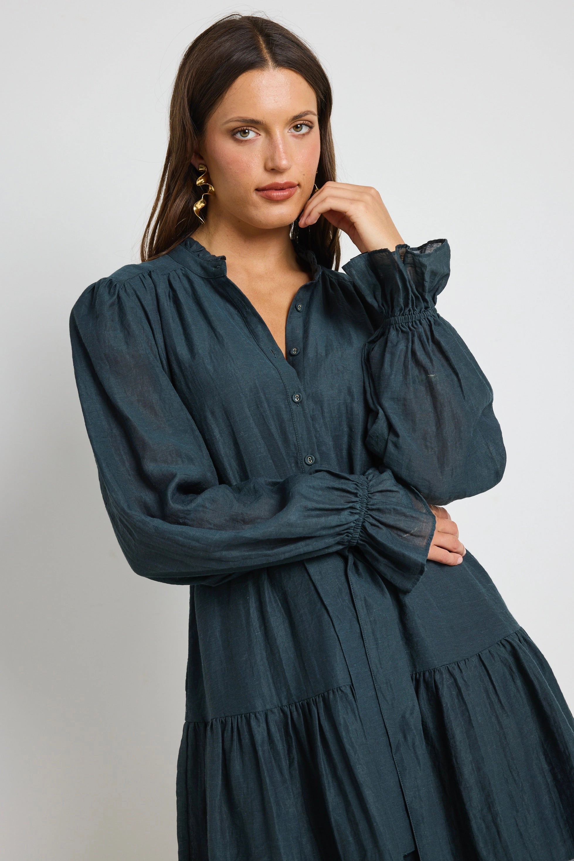 Romantic Style Breeze Grace Audition Deep Forest Balloon Sleeve Drop Waist Mini Dress