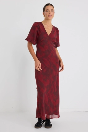 Aura Plum Smudge SS Bias Midi Dress Effortless Mood Luxe Comfort