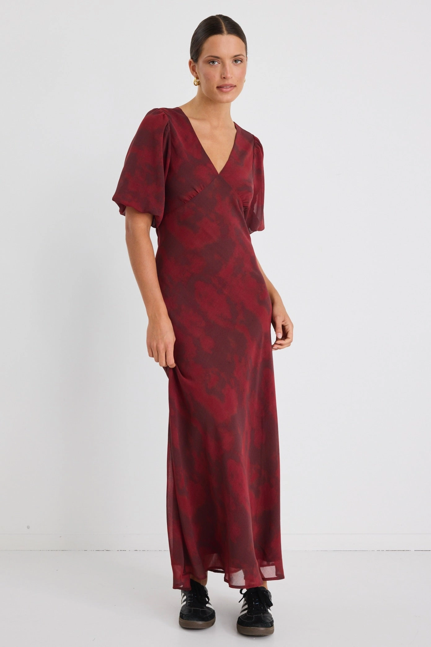 Satin Fabric Aura Plum Smudge SS Bias Midi Dress