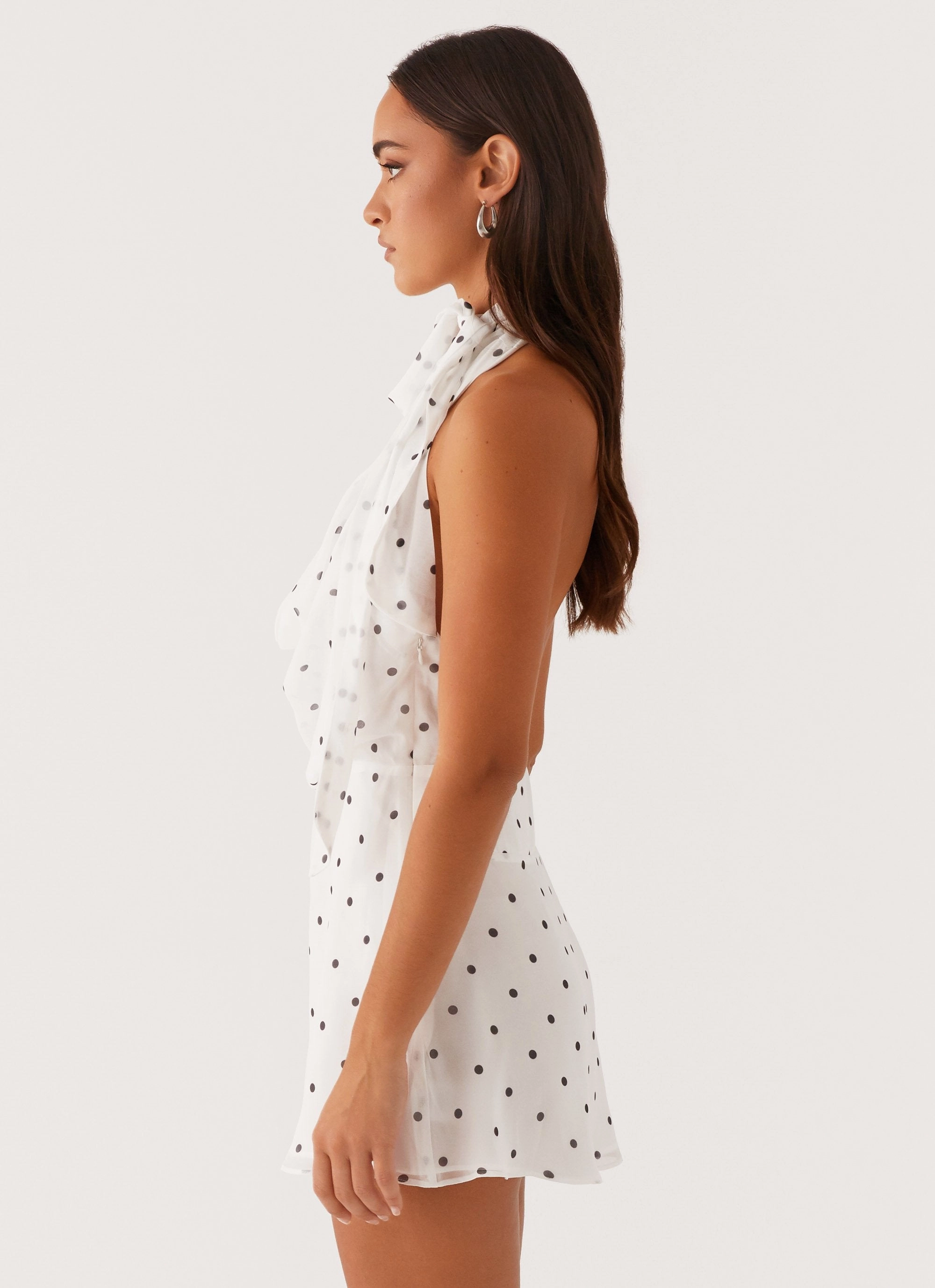 Avalia Backless Scarf Mini Dress - White Polka Dot Shimmer-Finish