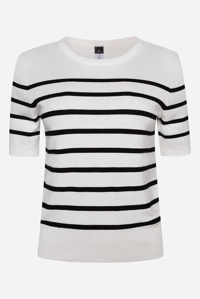 Stretchable Material Ballerina Sleeve Striped Crew Neck Top Black And White
