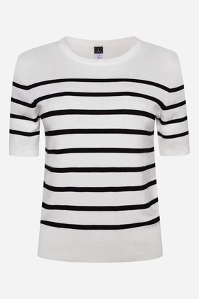 Stretchable Material Ballerina Sleeve Striped Crew Neck Top Black And White