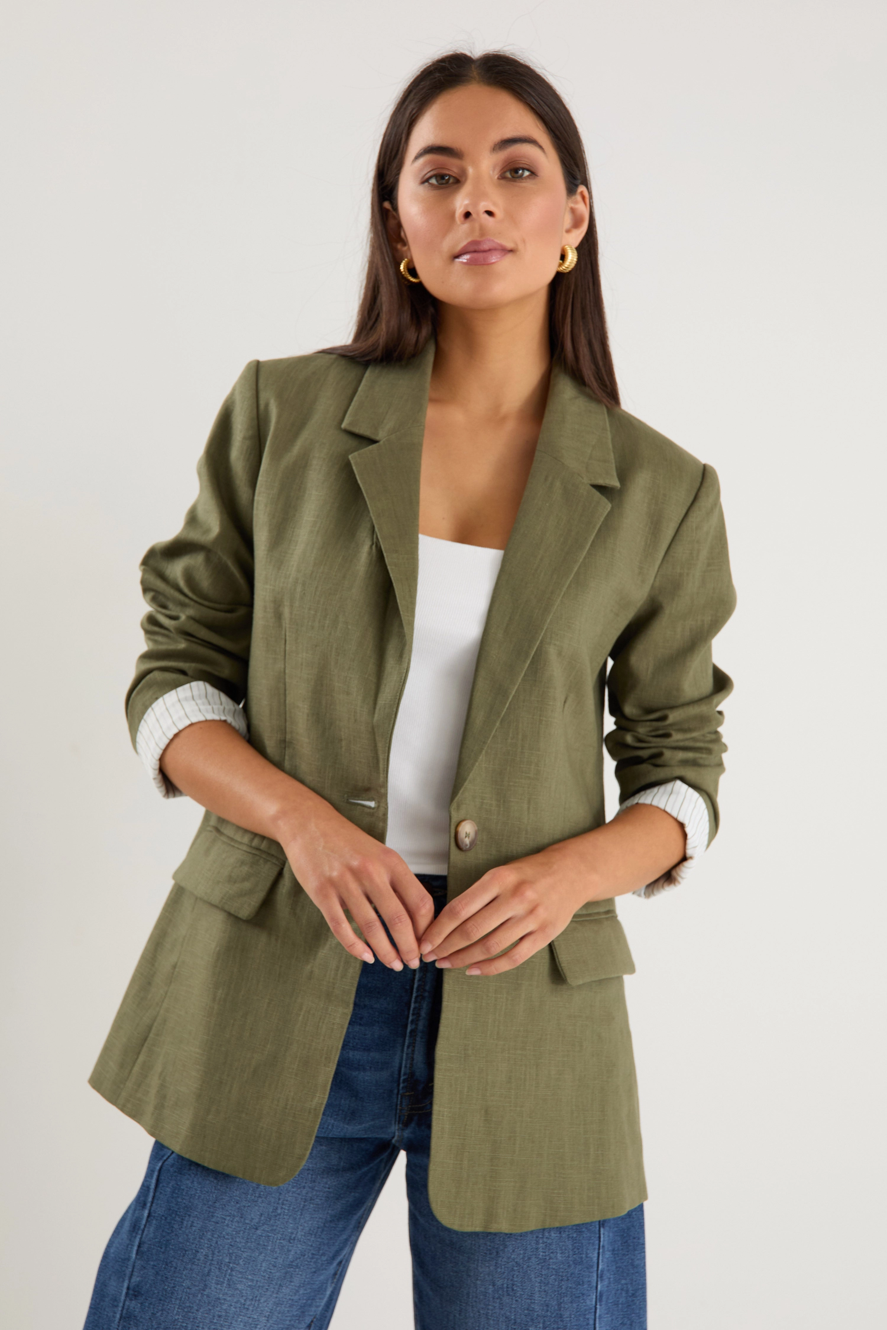 Dock Soft Khaki Ramie Rolled Sleeve Blazer Thermoregulating Layer Casual Comfort