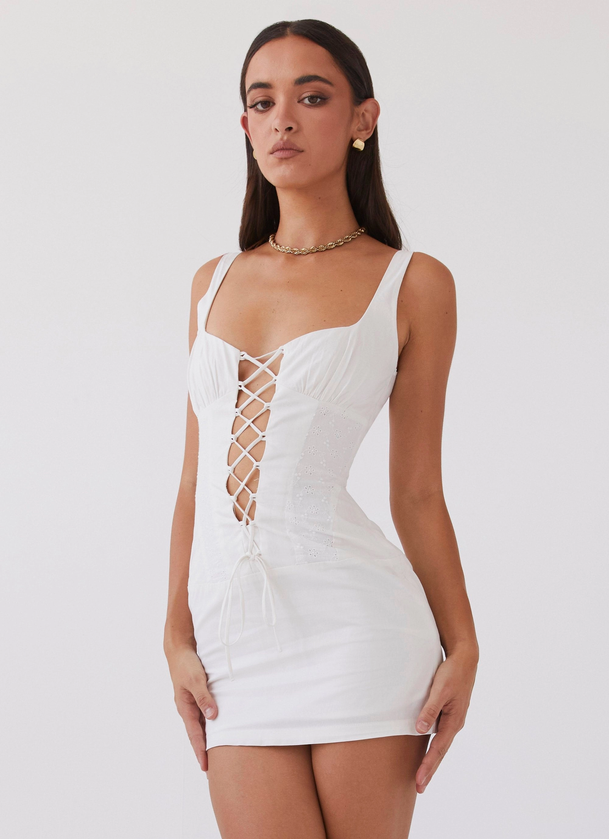 Casey Lace Up Mini Dress - White Relaxed-fit gown Flare Swing