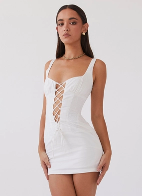 Casey Lace Up Mini Dress - White Relaxed-fit gown Flare Swing