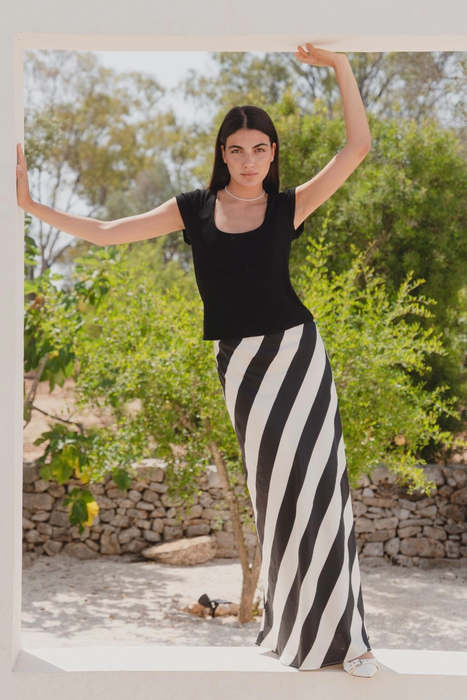 Fiery Black White Stripe Satin Bias Maxi Skirt Seamless Edging
