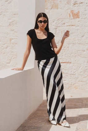 Fiery Black White Stripe Satin Bias Maxi Skirt Casual Edge Weekend Ready