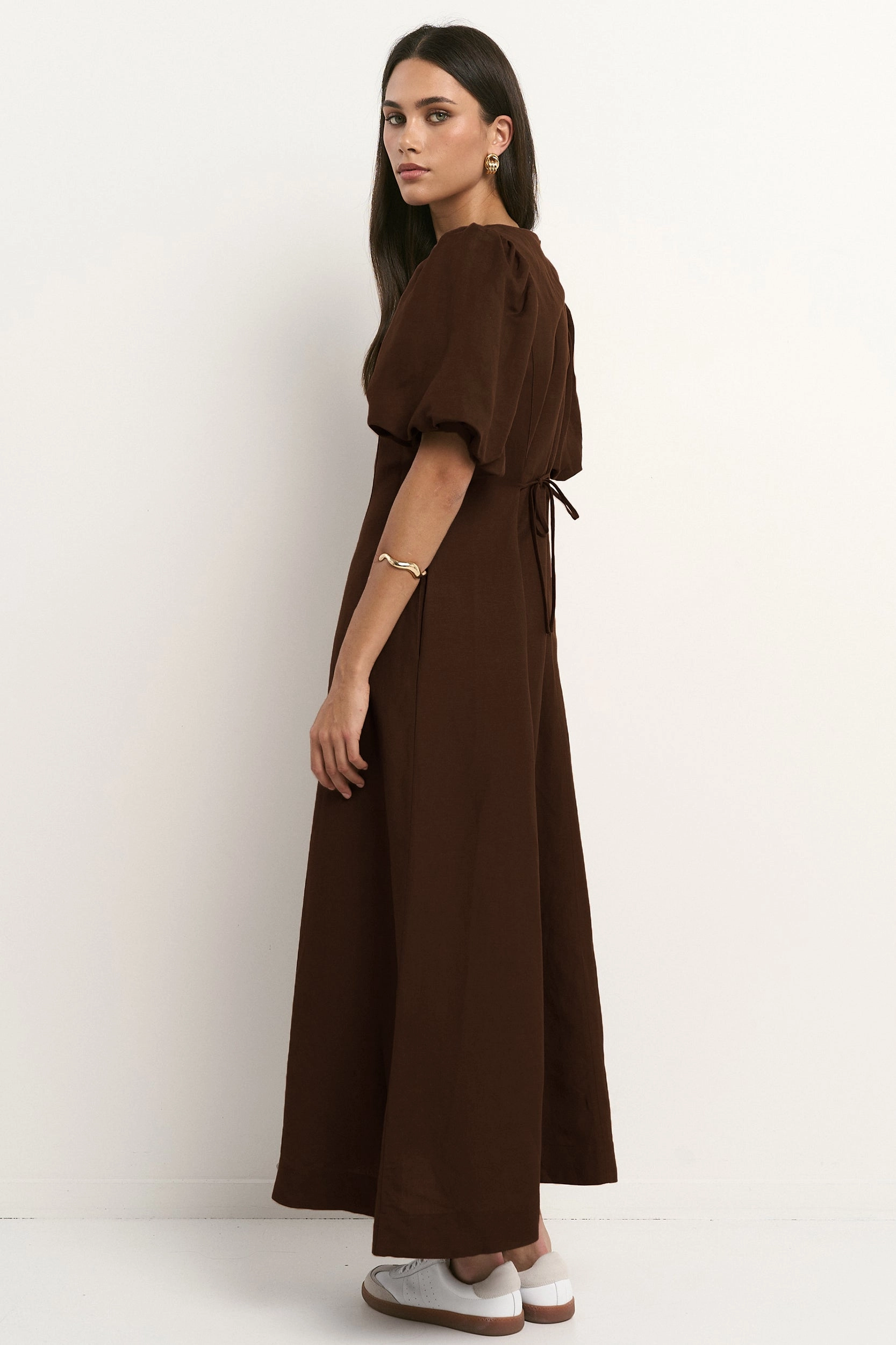 Indulgent Chocolate Puff Sleeve Relaxed Midi Dress Office Mood