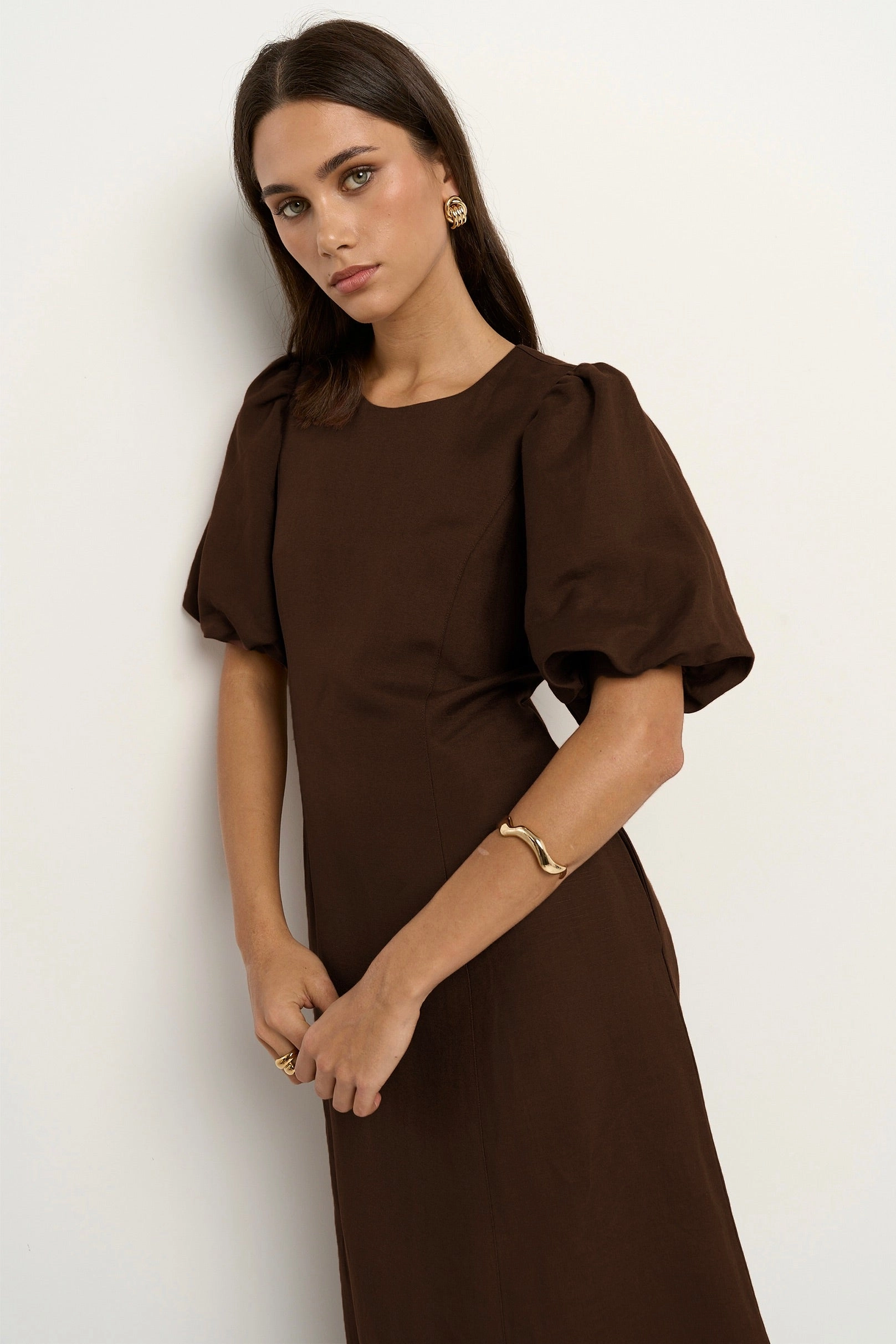 Indulgent Chocolate Puff Sleeve Relaxed Midi Dress Easy Lovely Romantic Bloom