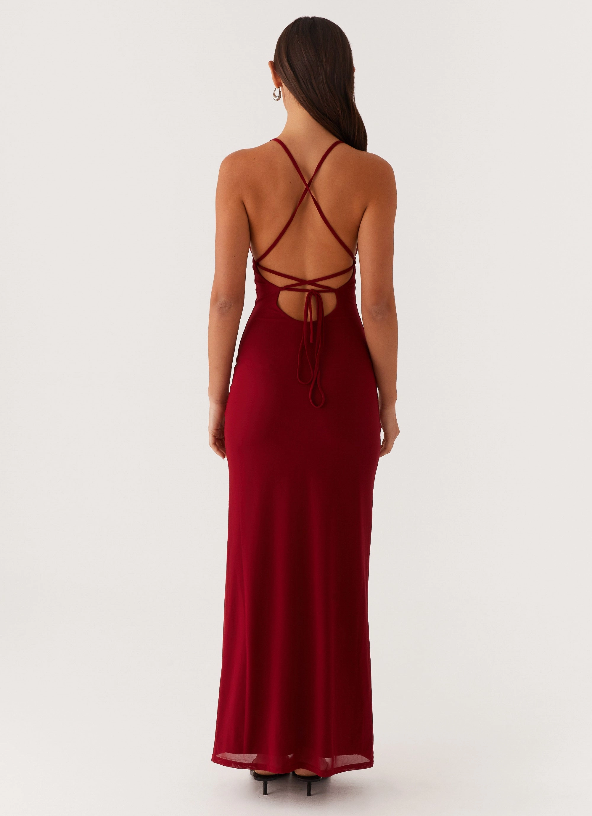 Satin-Sleeve Gender Fluid Beki Beaded Mesh Maxi Dress - Deep Red